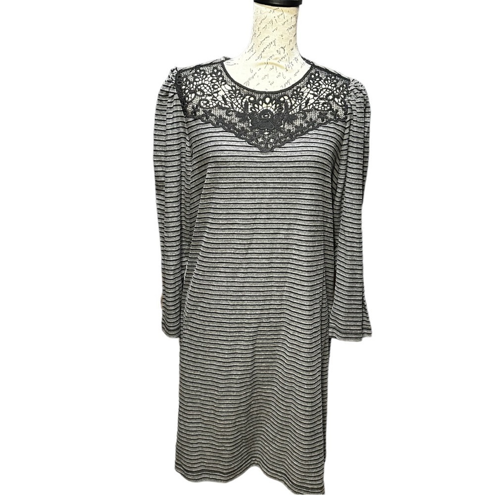LOFT Gray & Black Stripe Dress with 3/4 Length Sleeves Size LP NWT
